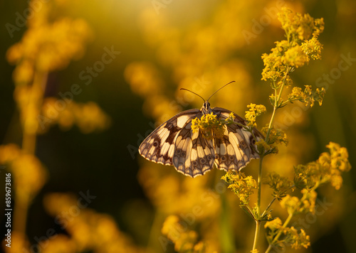 Motyl Polowiec szachownica na kwiatach Przytulii właściwej.