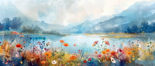 Landscape background, abstract watercolor flowers summer landscape, impressionism illustration.
