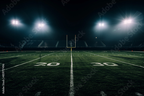 A dimly lit football field with bright stadium lights creating a dramatic spotlight effect against the dark background 