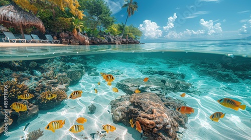 A flawless beach scene blending calm relaxation with a glimpse into the vibrant underwater world of coral reefs, filled with colorful fish and surrounded by lush vegetation.