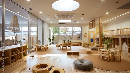 childrena??s daycare center using sustainable, non-toxic building materials, furniture made from recycled plastics, and play areas that utilize natural rubber flooring