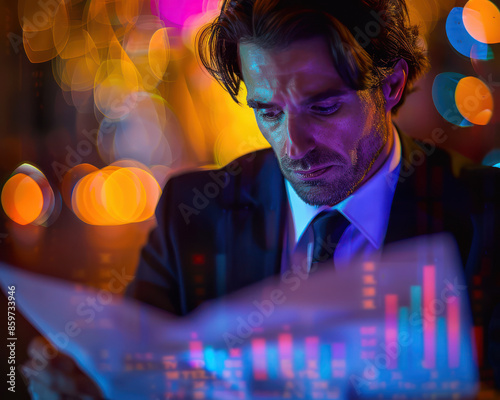 Illuminated Businessman Analyzing Financial Reports Against Vibrant Nightlife Background With Colorful Bokeh and Graph Visualizations