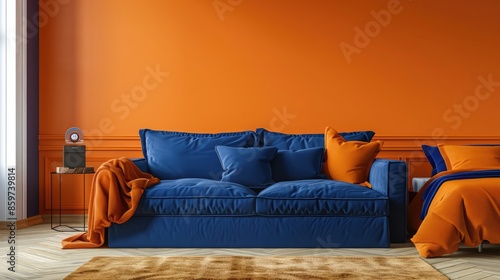 A royal blue AI-controlled sofa and a high-end adjustable bed against a warm orange wall, providing a lively yet cozy bedroom design