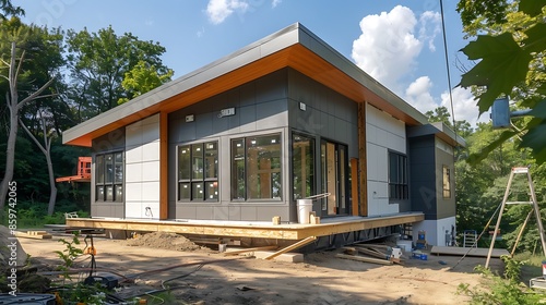 modular home expansion project featuring quick-install fiber cement siding, shown in stages of assembly