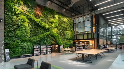 public library that incorporates a green wall for air purification, furniture made from sustainable materials, and automated systems to minimize energy use