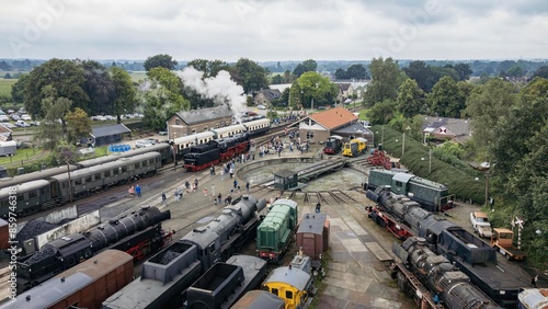 steam engine train, steam engine, aerial view, marshalling Beekbergen, the Netherlands - August 6th 2023: Aerial view of the marshalling yard harbouring classic steam locomotives.