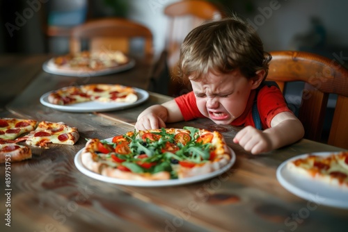 little boy preschooler crying and making faces over plate of food. child does not want to eat. boy being fussy in restaurant. pizza, salad, lack of appetite, child tantrums, bad behavior