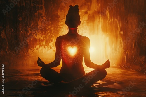 Woman in lotus meditation with shining heart practicing kundalini yoga