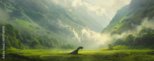Dragon in a Misty Valley: A mystical dragon appearing through the mist in a lush green valley, evoking a sense of mystery and wonder.