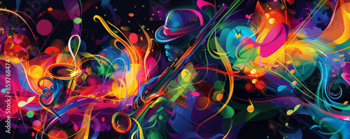 Lively jazz music background with bright, colorful bursts of musical notes and instruments. Abstract shapes and vibrant hues convey the energy of live jazz.