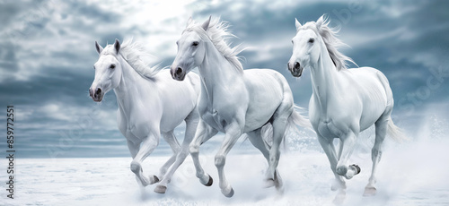 Three white horses gallop through a snowy landscape, their manes flowing in the wind against a dramatic, cloud-filled sky, evoking freedom and power