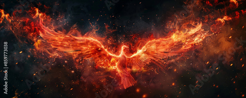 Phoenix bird background with fiery red and orange feathers, set against a dark black smoky backdrop. The flames and sparks emanate from the bird, creating a mystical and powerful atmosphere