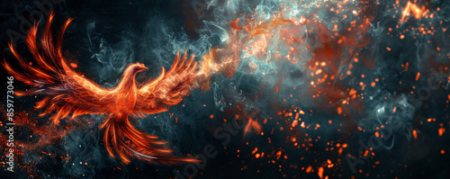 Phoenix bird background with fiery red and orange feathers, set against a dark black smoky backdrop. The flames and sparks emanate from the bird, creating a mystical and powerful atmosphere
