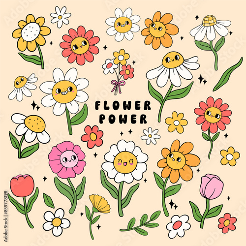 Vibrant Retro groovy Spring flower power vintage flower characters collection doodle line drawing