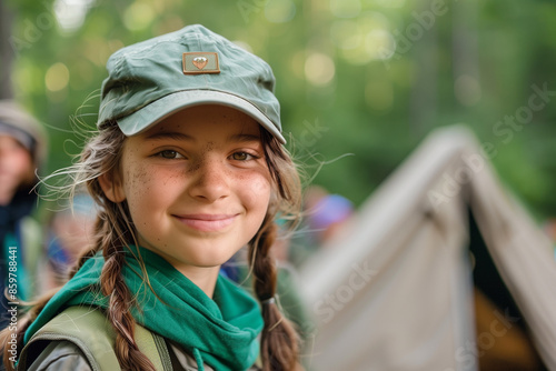 Girl scout enjoying outdoor camping and survival activities at summer camp, discovering nature with copy space for vacation fun and adventure in the forest