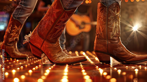 Honky-tonk is the clatter of cowboy boots on a dance floor: Picture a close-up of cowboy boots tapping and clattering on a honky-tonk dance floor, symbolizing the lively atmosphere of a country wester