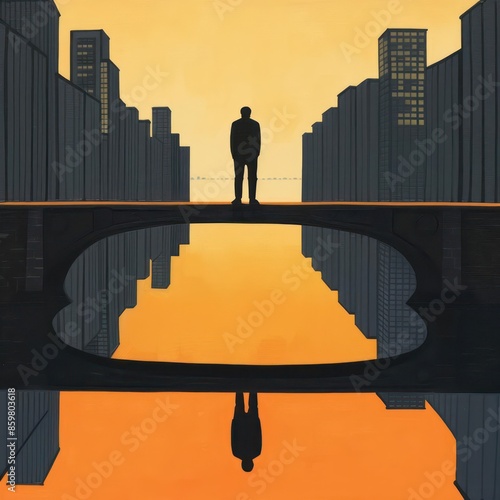 A single individual stands on a bridge, gazing at the cityscape reflected in the river below