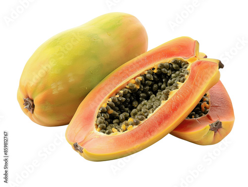 A whole papaya and a sliced papaya with black seeds, isolated on a white background.