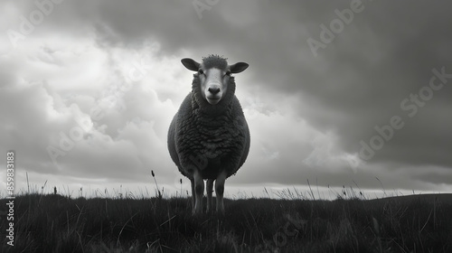 A black and white colored sheep standing looking straight ahead