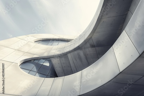 Modern architectural marvel with curvilinear shapes, showcasing a futuristic and sleek design of a building with embedded windows.