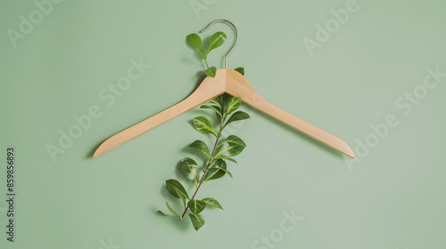 Wooden clothes hanger with green leaves over light green background with copy space as a symbol of slow fashion and environmentally friendly fashion Reuse recycling and upcycling cloth : Generative AI