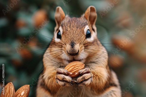 An intimate depiction of a Squirrel munching on almonds.