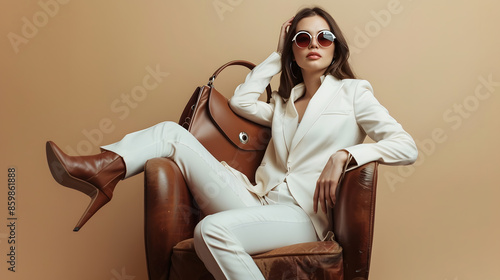 Fashionable confident woman wearing elegant white suit sunglasses ankle boots holding classic brown leather bag sitting in armchair posing on beige background Fulllength studio fashion : Generative AI