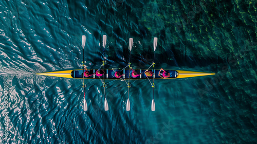 Rowing team sport competing in deep sea.