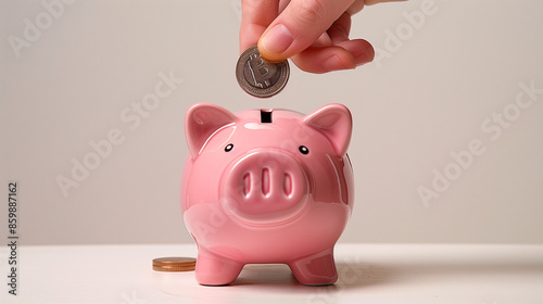 Hand Placing Coin in Pink Piggy Bank for Savings Concept