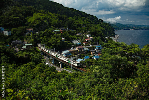 Express train running along the coast in Japan.