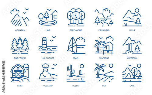 Natural Views Vector Icons Set. Mountains, Lakes, Forests, Beaches, Waterfalls, Volcanoes, and More. Editable Linear Collection.