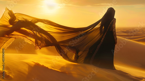 Mystery arabic woman in black long dress stands in desert long train silk fabric fly flutter in wind motion clothes gold accessories hide face Oriental fashion model Sand dunes backgro : Generative AI