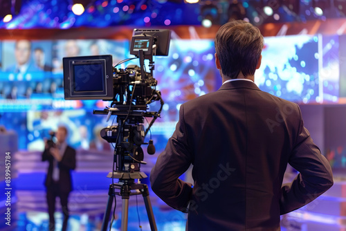 Live TV broadcast: News anchor reporting live from a studio with cameras and teleprompters.