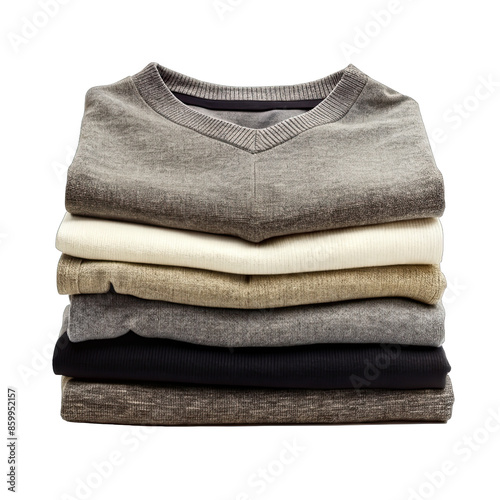 A stack of folded v-neck sweaters in various shades of gray, brown, and black against a white background. Generative AI