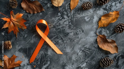 Grey table with orange ribbon top view for multiple sclerosis awareness