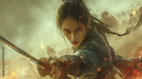 A young Chinese swordswoman skillfully wielding her sword during a skirmish on a dusty battlefield. 