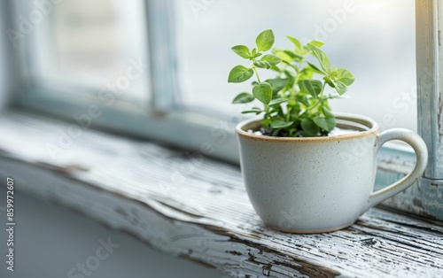 Green Plant Growing in a Mug on a Windowsill.