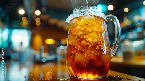 A pitcher of iced tea on a bar.