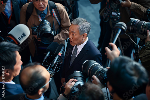  man is being interviewed by a group of reporters. The man is wearing a suit and tie