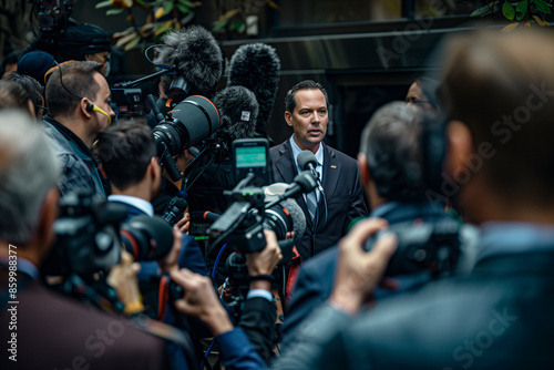  man is being interviewed by a group of reporters. The man is wearing a suit and tie