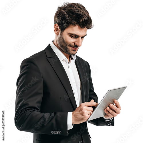 Businessman in a suit using a digital tablet, isolated on white background. Professional and modern business concept.