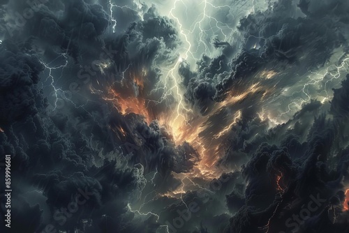 Illustrate a dramatic thunderstorm scene from a worms-eye view in photorealistic detail Capture the menacing clouds, striking lightning, and eerie atmosphere,