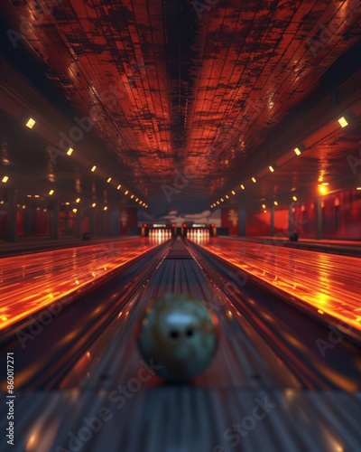 Close-up of a bowling ball on a lane in a dimly lit, vibrant bowling alley, capturing the ambiance and excitement of the game.