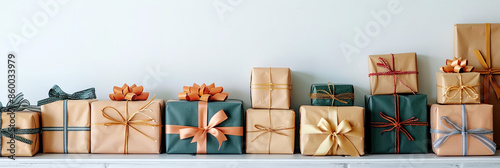 Christmas gift boxes with gold and red color wrapping and blank space for text editing 