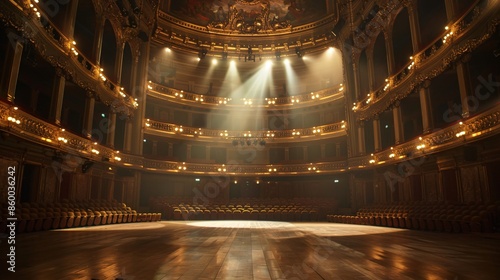 Wide shot of an Empty Elegant Classic Theatre with Spotlight Shot from the Stage