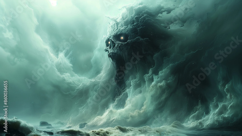 A huge monster made of swirling mist and dark clouds, with glowing eyes, rising from the ocean