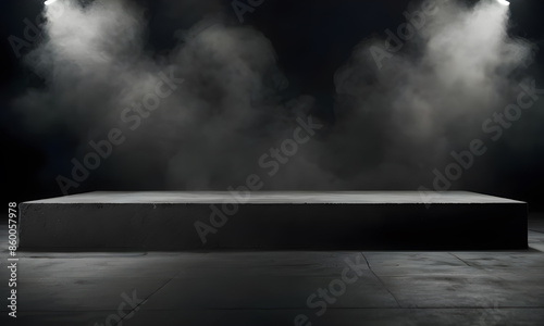 A rectangular large stone platform illuminated by spotlights surrounded by smoke, a brutal platform for the presentation of goods