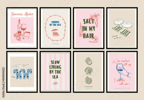 Minimal hand drawn vector dolce vita illustration set with aesthetic quote in a poster frame. Matisse style illustrations. 