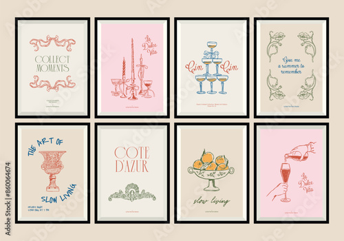 Minimal hand drawn vector dolce vita illustration set with aesthetic quote in a poster frame. Matisse style illustrations. 