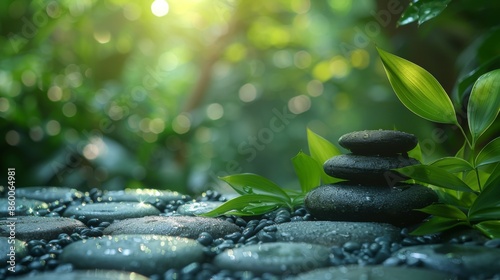 Photo of spa background with stones and bamboo leafs